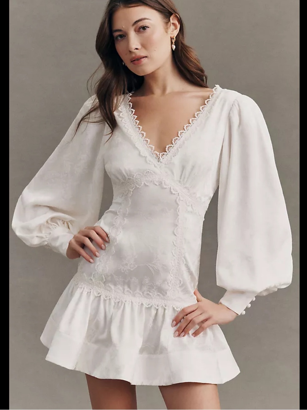 BHLDN Anthropologie Ivory Satin Lace V-Neck Mini Dress with Puff Sleeves